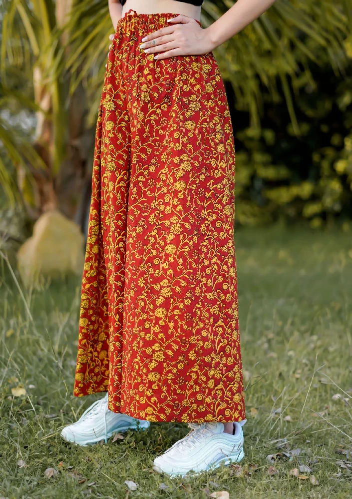 Red and Yellow Cotton Wrap Skirt with Bagh Hand Block Pattern-3.webp